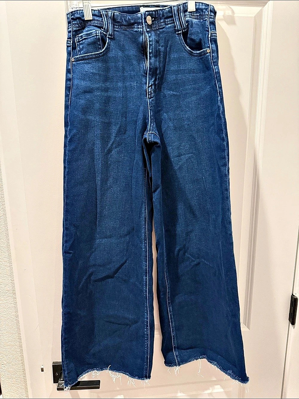 Risen Jeans High Rise Raw Hem Wide Leg Dark Jeans Wide Leg Jeans in Blue Waist